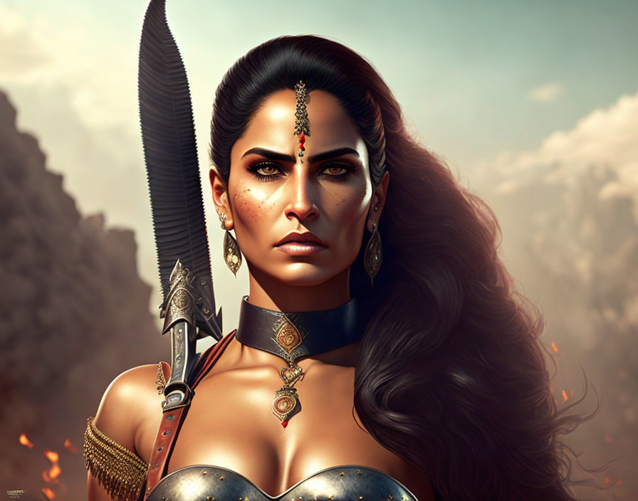 Digital artwork of fierce warrior woman with striking eyes, gold jewelry, traditional headpiece, large sword