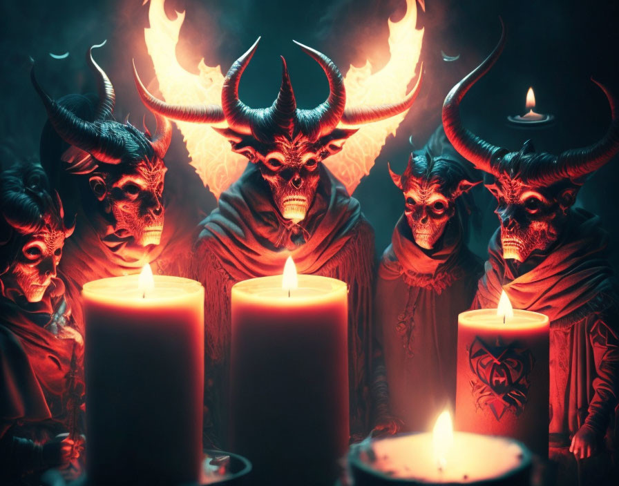 Sinister horned figures with skull-like faces in candlelit setting