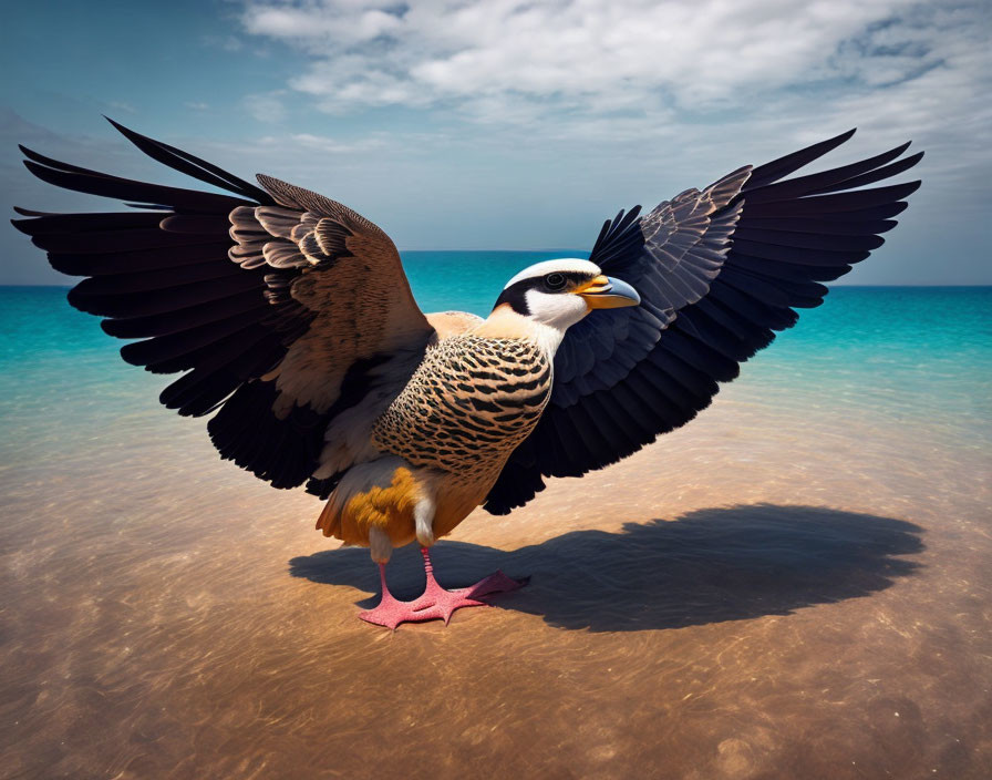 Surreal image: bird with peregrine falcon body and starfish legs on beach