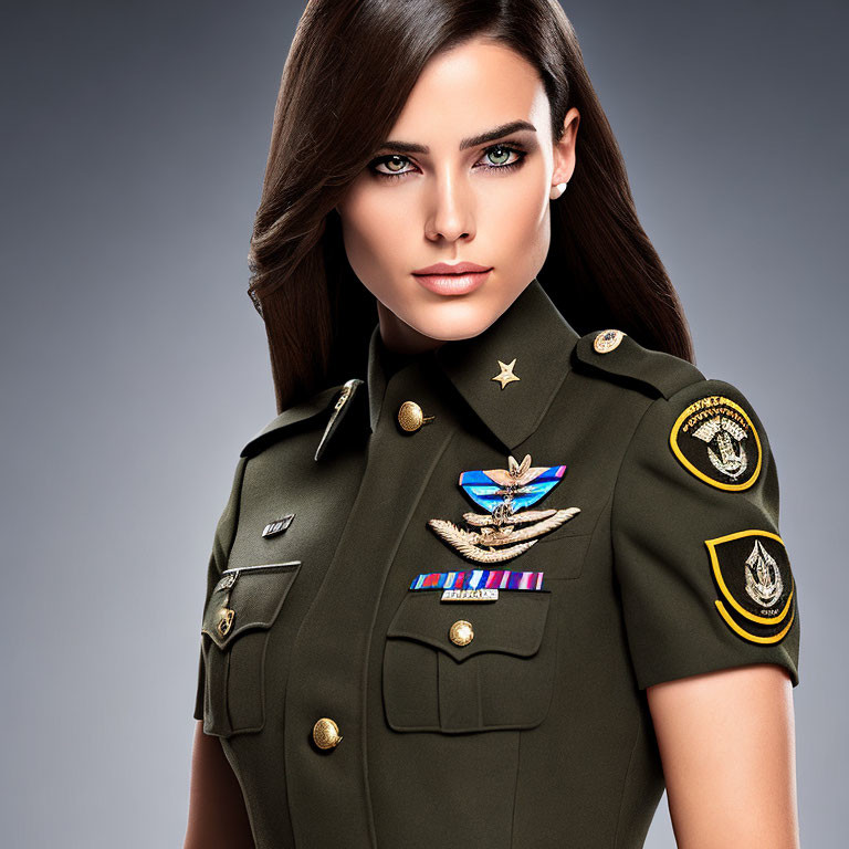 Woman in Military Uniform with Dark Hair and Blue Eyes on Grey Background