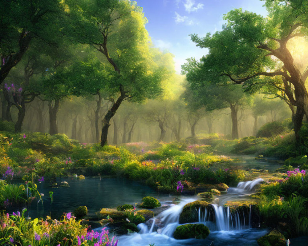 Tranquil forest landscape with waterfall, creek, and colorful flowers