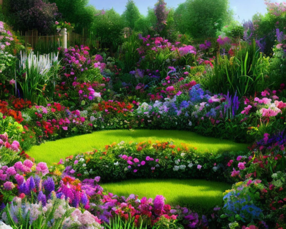 Colorful Flower Garden with Winding Paths & Lush Greenery