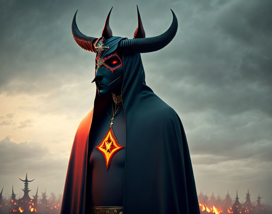 Illustrated figure with horns in dark cloak against fiery landscape