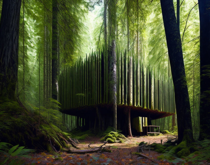 Surreal image: forest meets architecture with mirror-like tree trunk