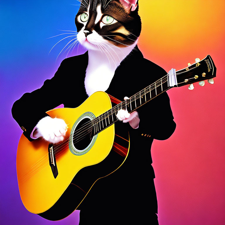 Cartoon Cat in Black Suit Playing Yellow Guitar on Colorful Background