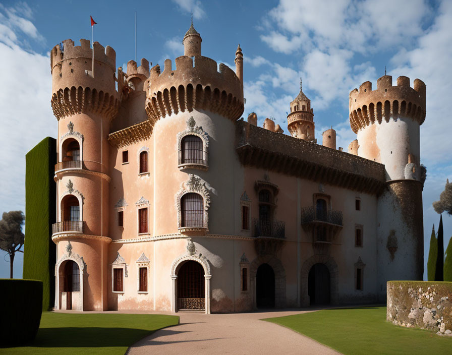 Ornate castle with warm-toned walls and green hedges
