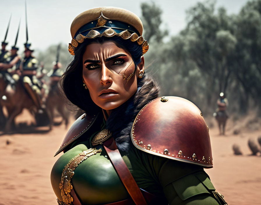 Warrior woman in elaborate armor in desert scene with mounted soldiers