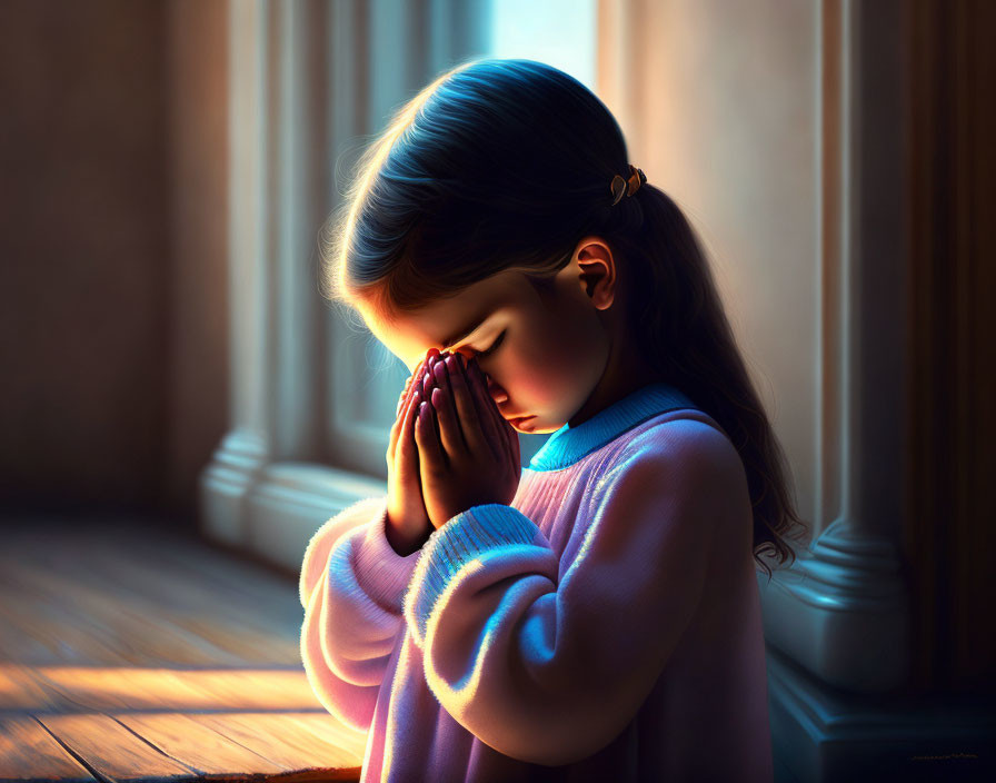 Young girl in purple sweater praying near sunlit window