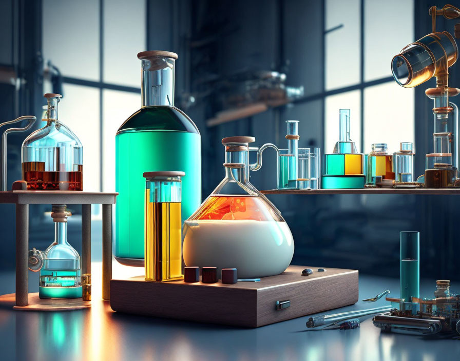 Colorful Chemistry Lab Illustration with Flasks, Beakers, and Microscope