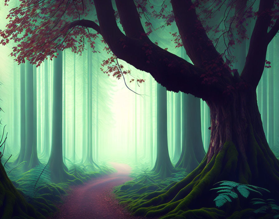 Ethereal forest scene with large tree, winding path, and misty, light-filled woods