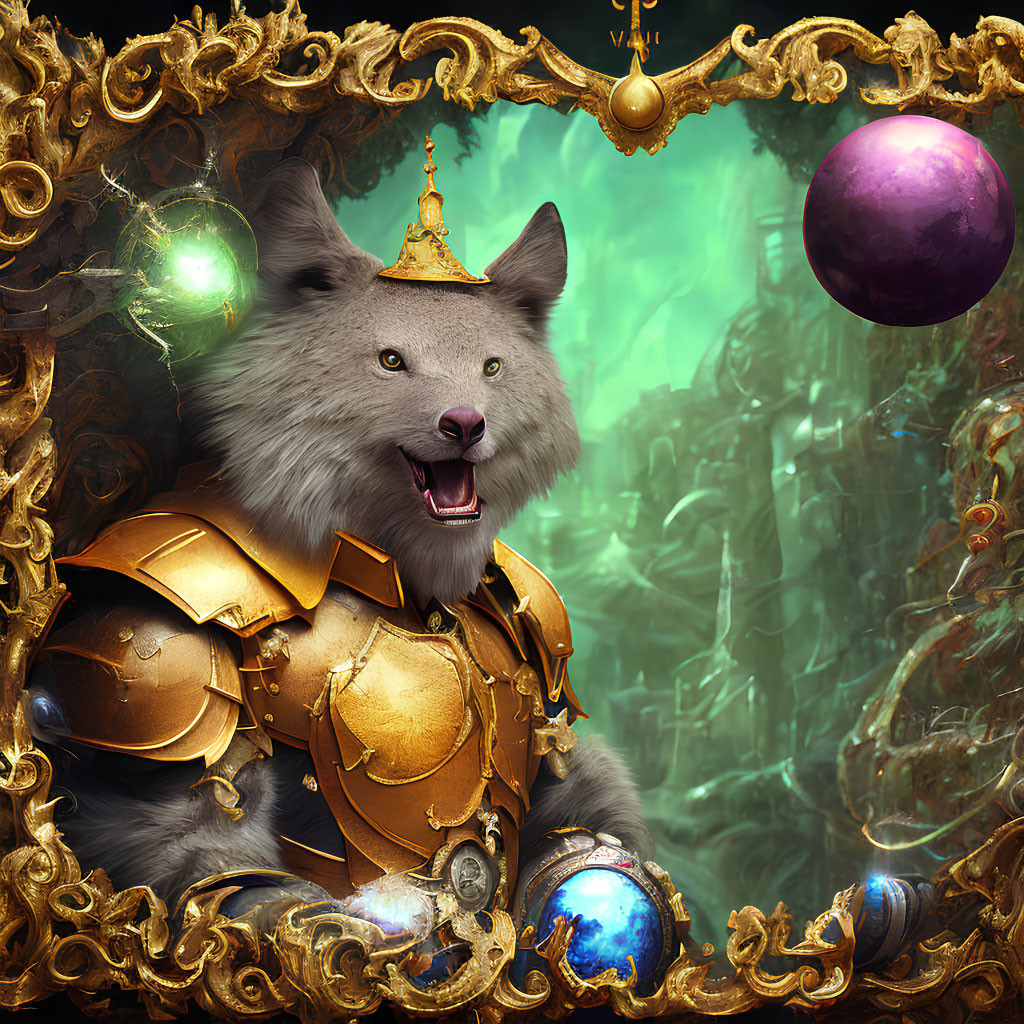 Golden-armored anthropomorphic wolf in ornate frame with magical orbs on green backdrop