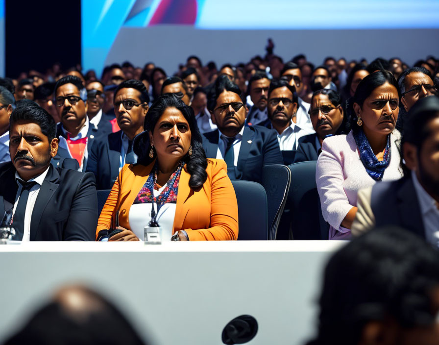 Audience in formal attire at conference, woman in orange blazer in foreground