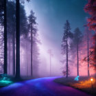Enchanted forest with glowing crystals under starry sky