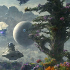 Vibrant alien landscape with organic structures and spacecraft