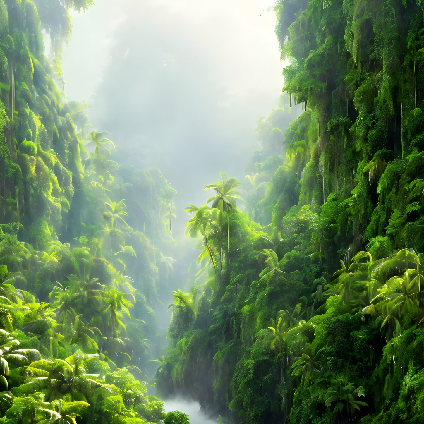 Lush Tropical Rainforest with Towering Trees and Misty Ambiance