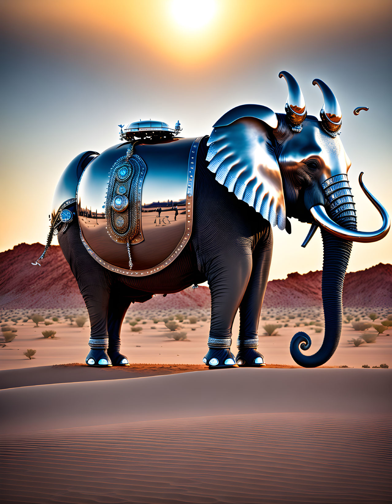 Surreal digital art: Elephant with mechanical parts in desert twilight