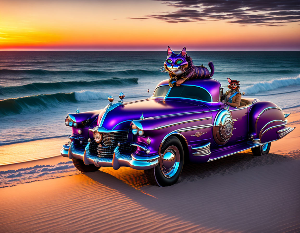 Purple Vintage Car with Chrome Details on Beach at Sunset