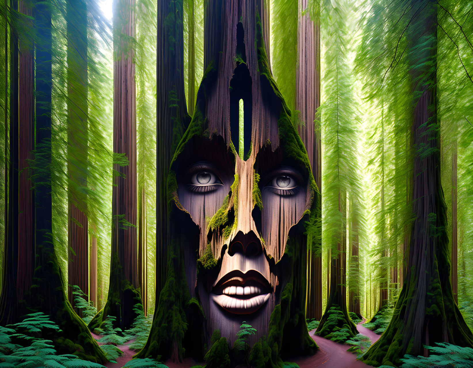Surreal forest scene with giant masked face blending in, vibrant greenery.