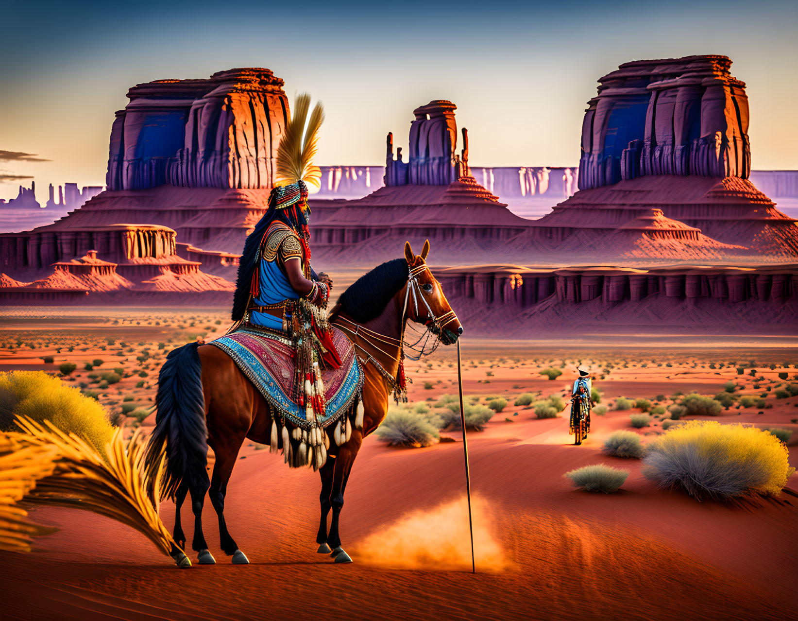 Native American rider on horse in desert with red sandstone buttes and cyclist