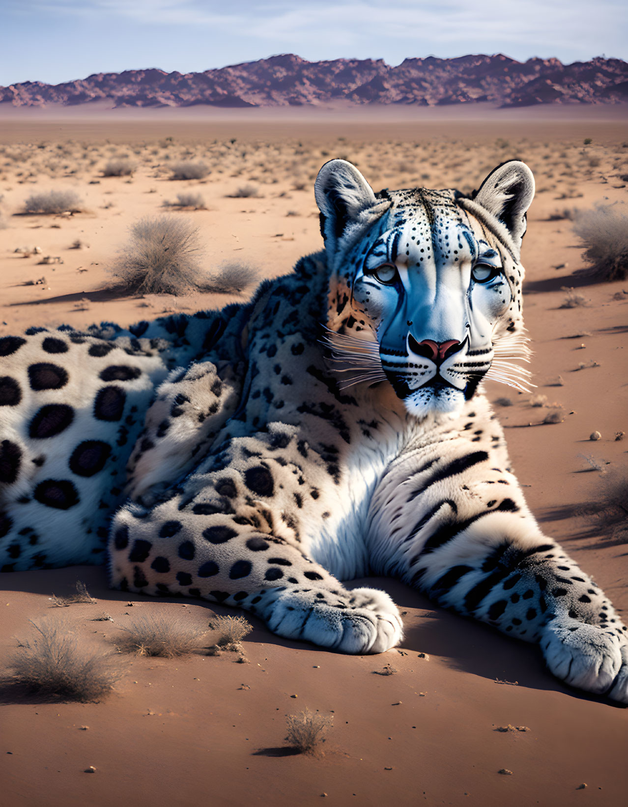 Hybrid creature with snow leopard body and white tiger face on desert sands