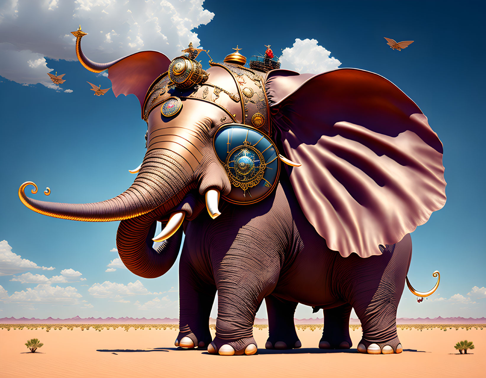 Adorned Elephant with Howdah and Kites in Clear Sky