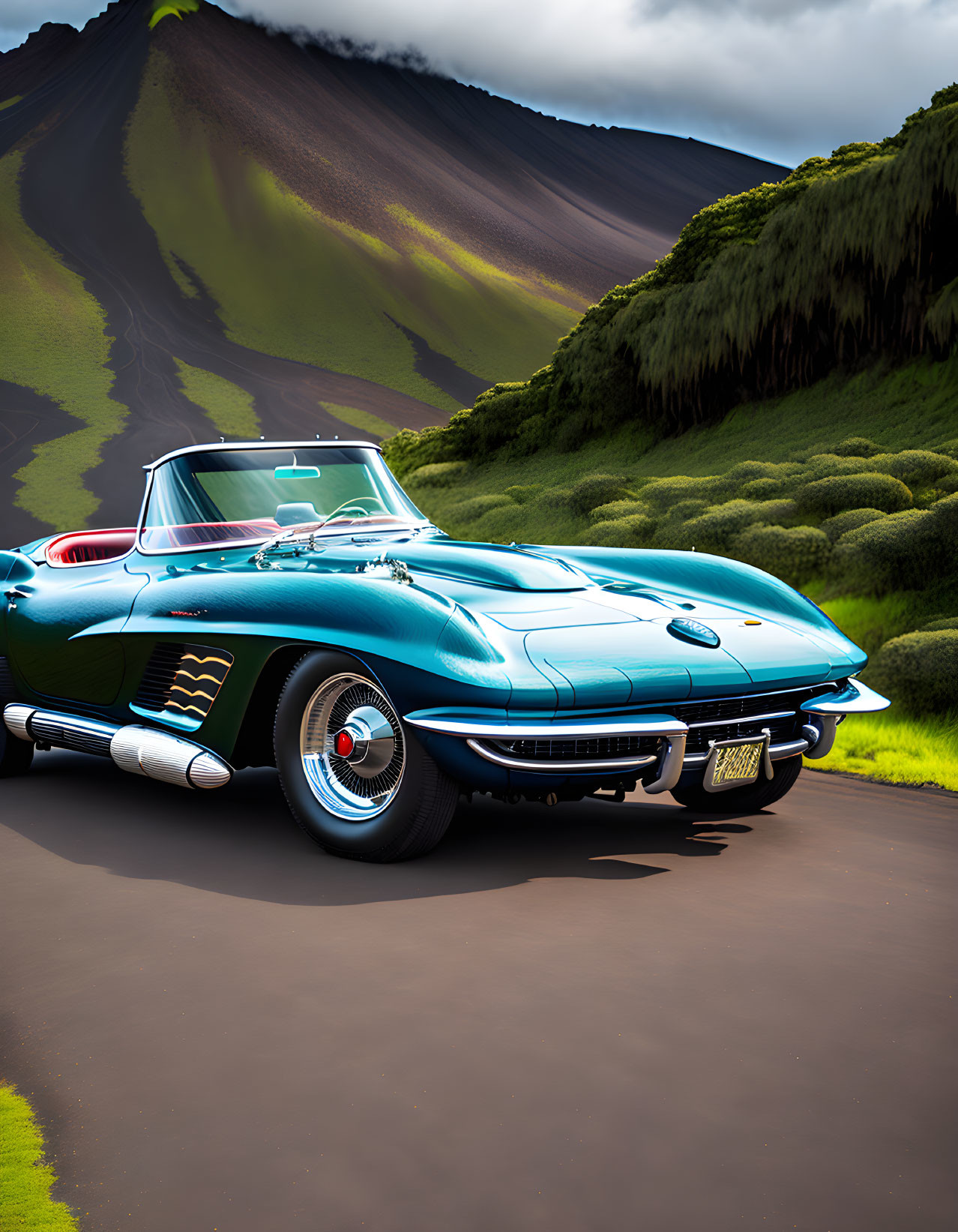 Vintage turquoise Corvette on winding road with lush hills and volcano backdrop.