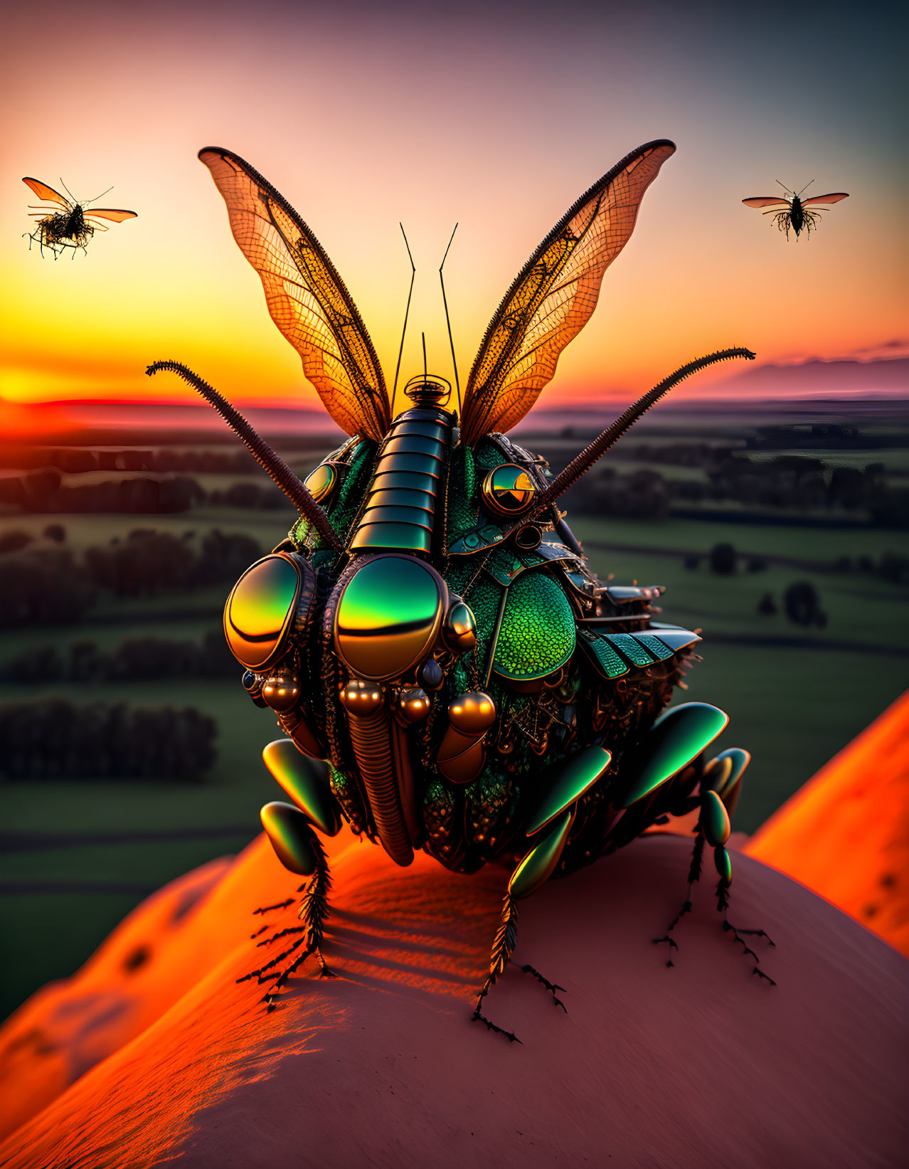 Detailed Digital Art: Mechanical Bee on Vibrant Sunset Landscape