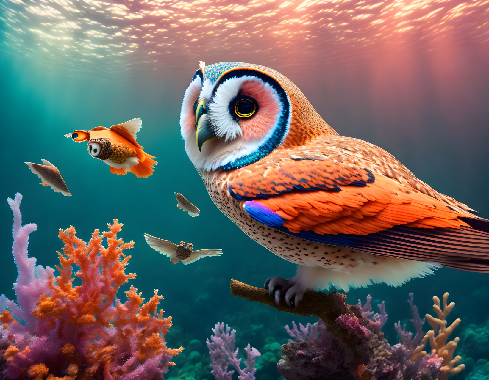 Colorful underwater owl surrounded by coral and fish in dreamlike setting