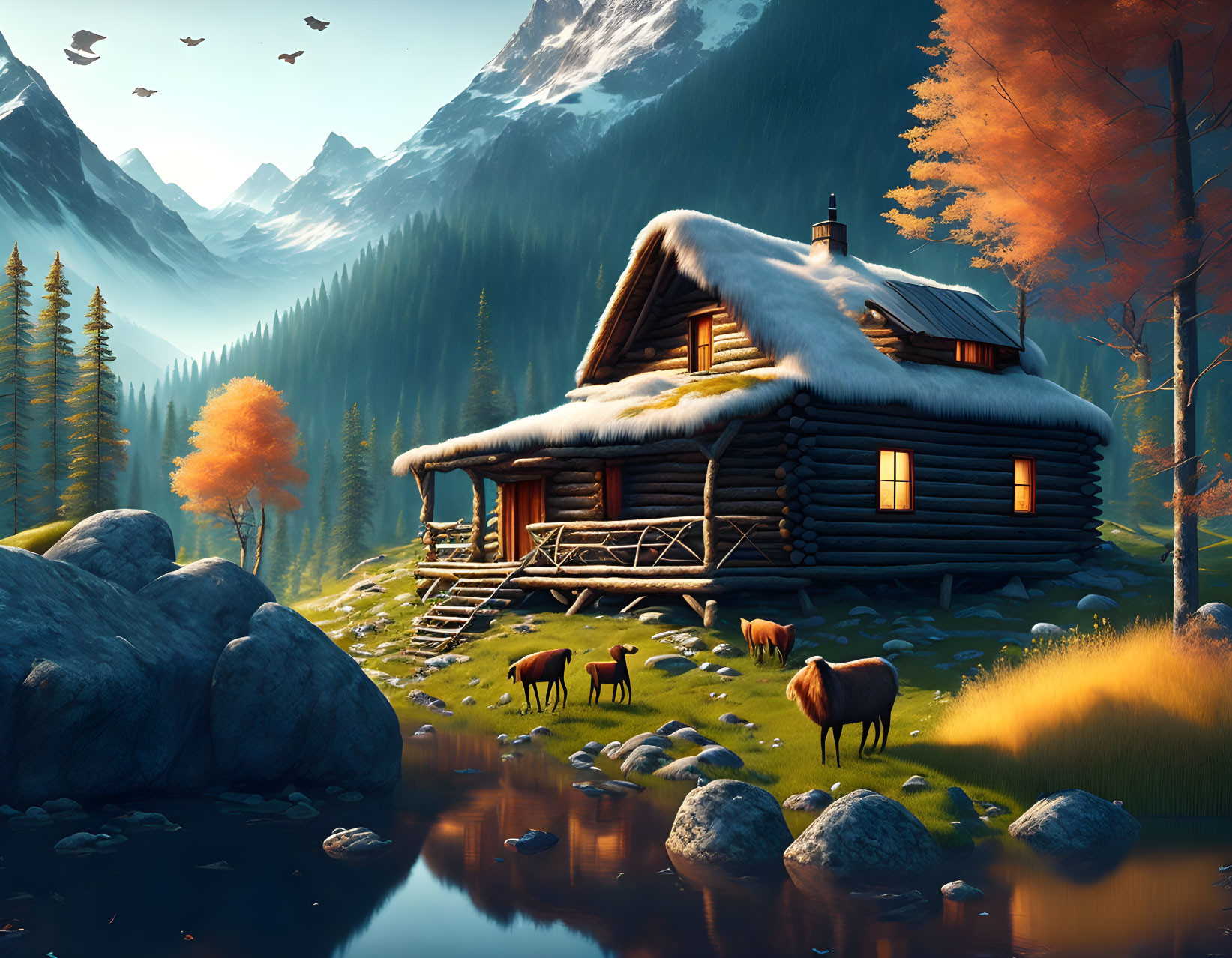 Tranquil autumn landscape with log cabin, lake, forests, mountains, wildlife, and birds.