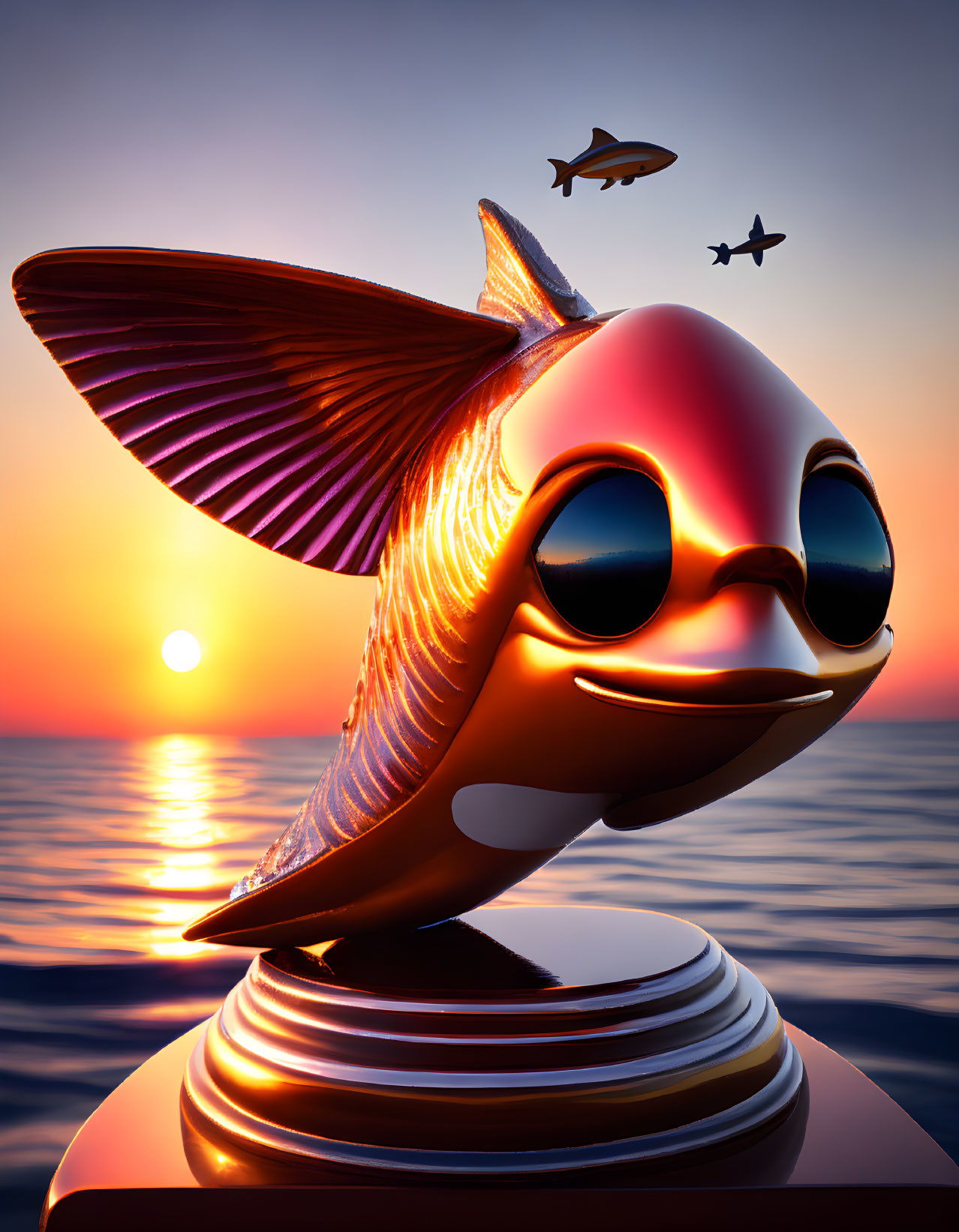 Goldfish Trophy with Sunglasses in Sunset Ocean Scene