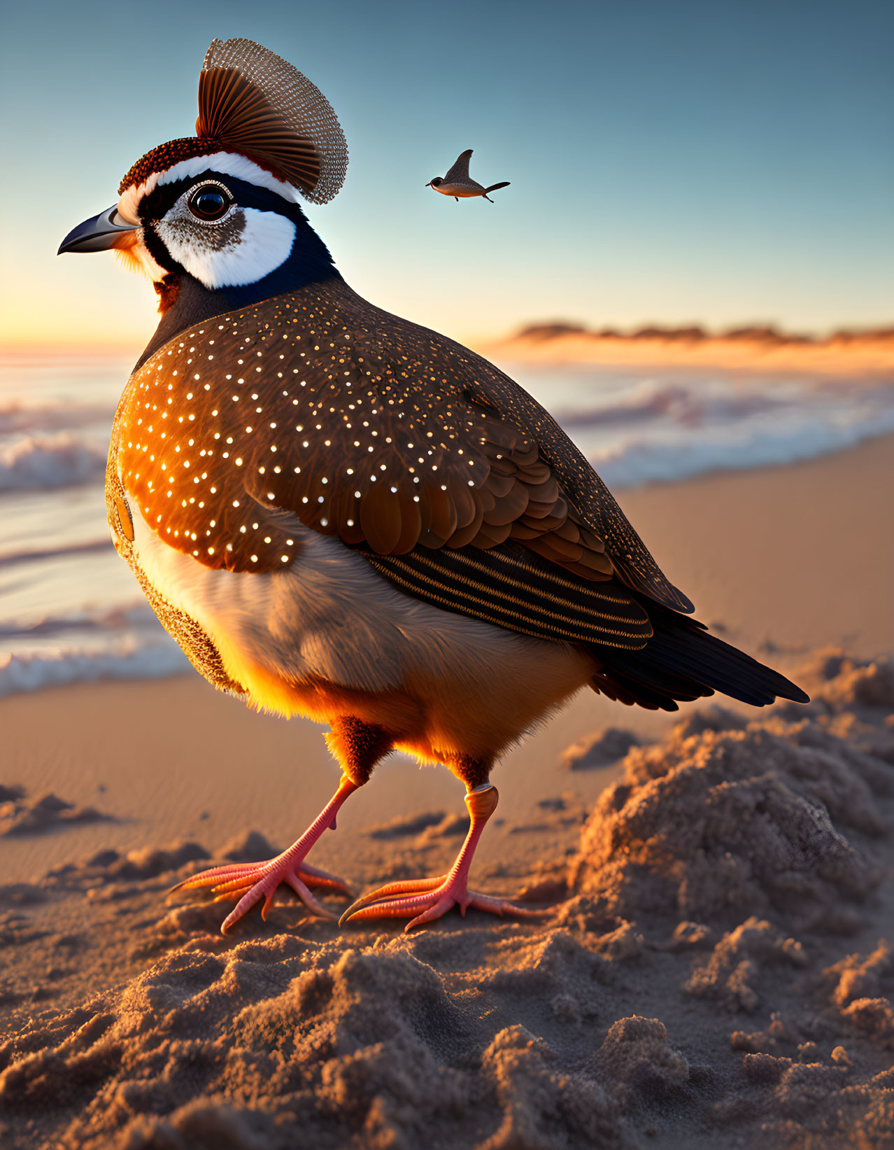 Quail with sunhat on sandy beach at sunset, ocean and bird in sky