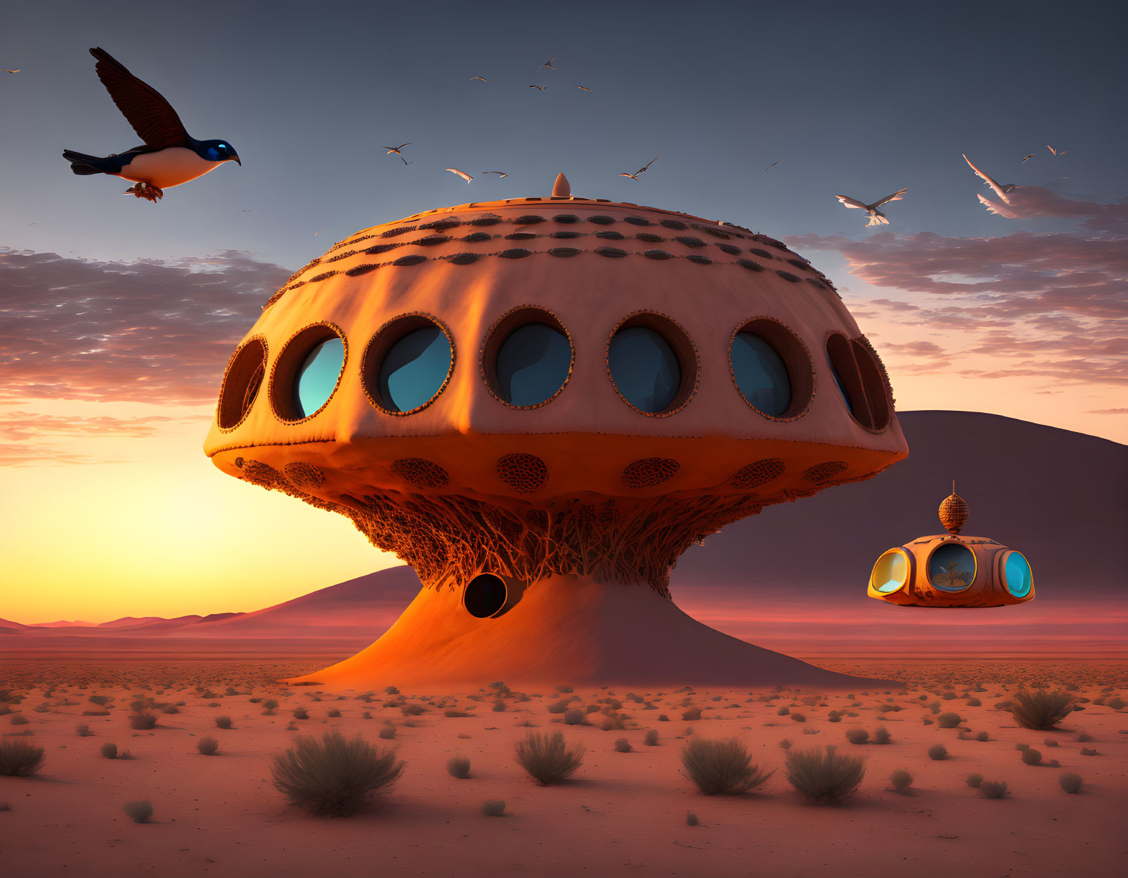 Sunset scene: mushroom-shaped house, bird, desert landscape, small structure