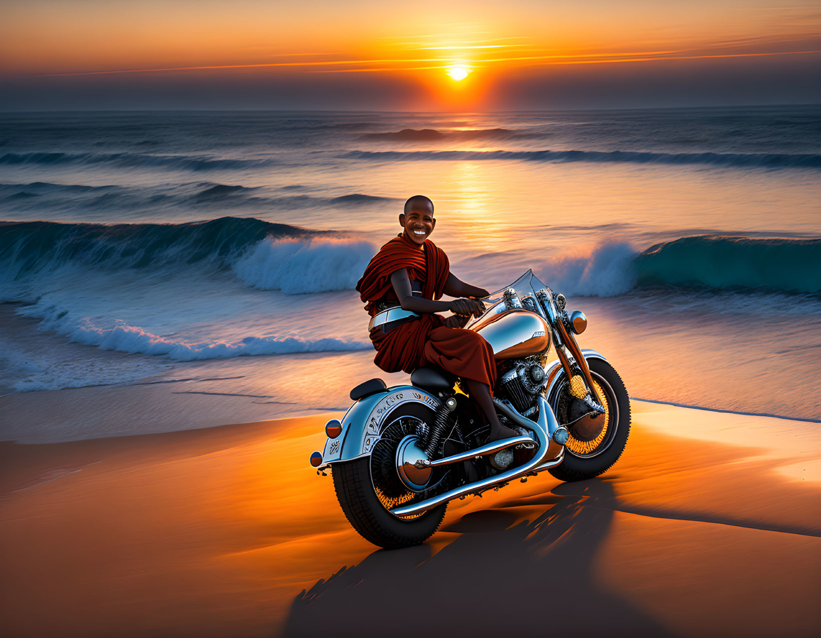 Monk in robe on motorcycle at beach sunset with crashing waves
