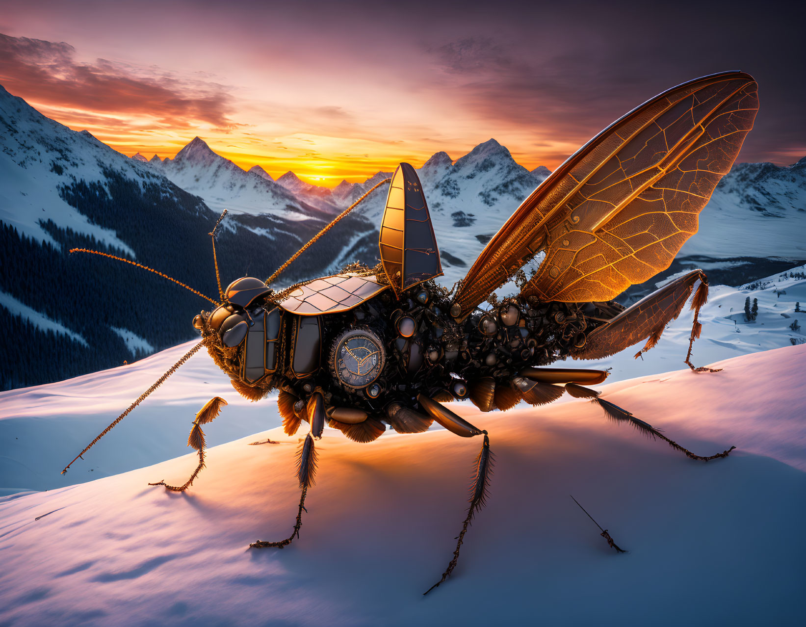 Mechanical bee on snowy peak with mountain backdrop at sunset