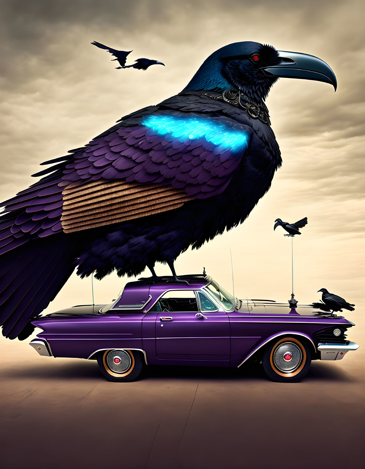 Gigantic raven on vintage car under dusky sky with flying birds