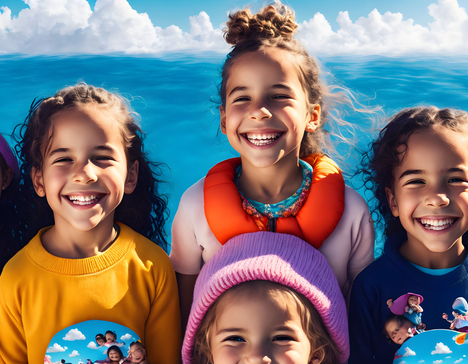 Four children in life vests on a boat under clear blue skies and ocean.