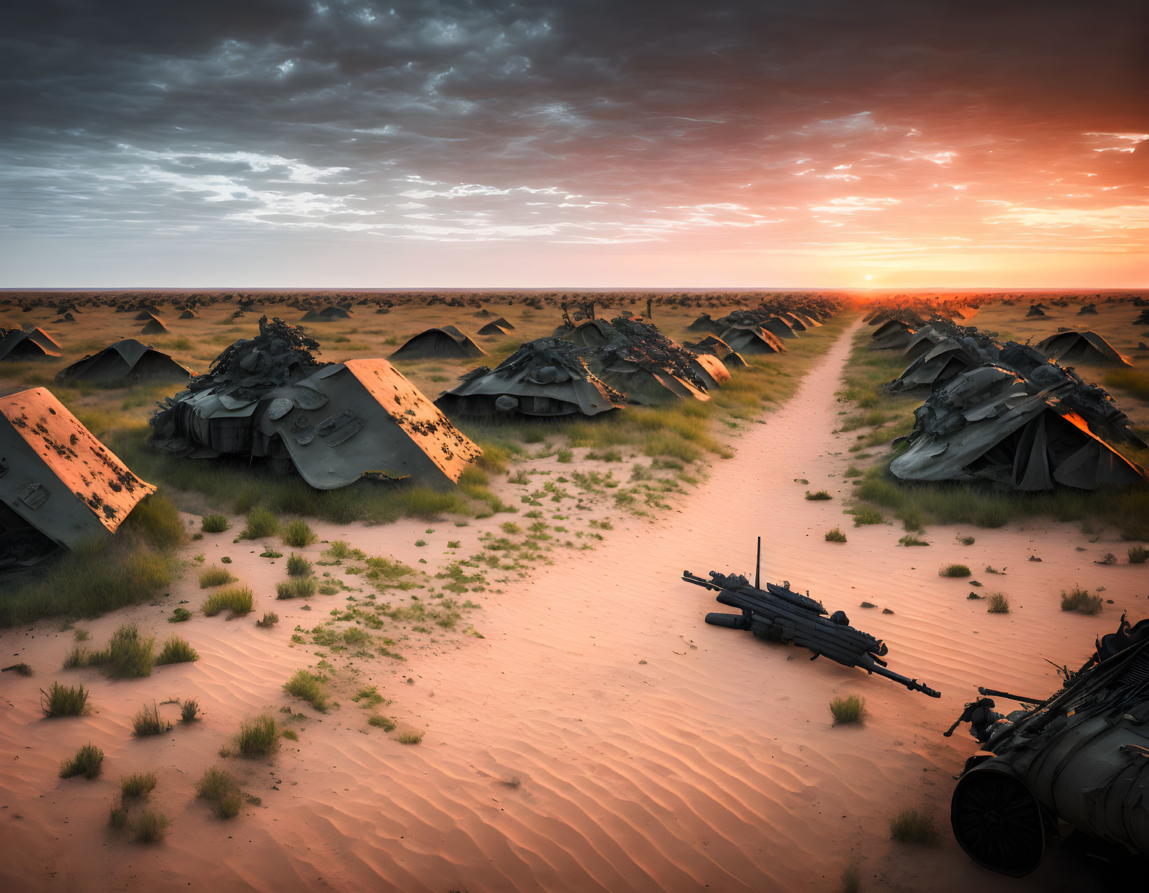Desert sunset scene with abandoned military tanks and artillery in decay