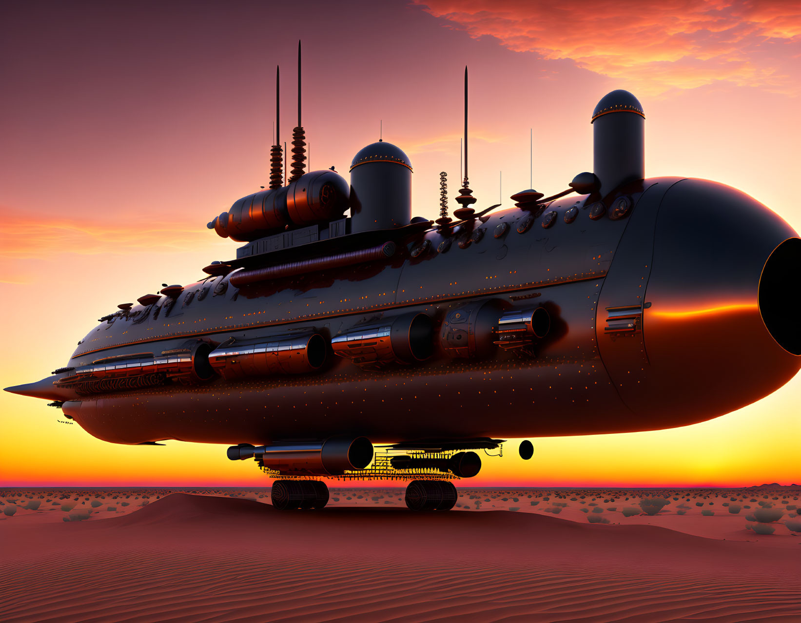 Sleek futuristic submarine-like vehicle in desert sunset