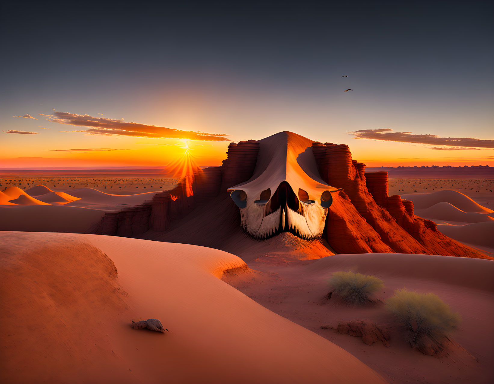 Sunset desert landscape with skull-shaped sand formation, dunes, vegetation, and birds.