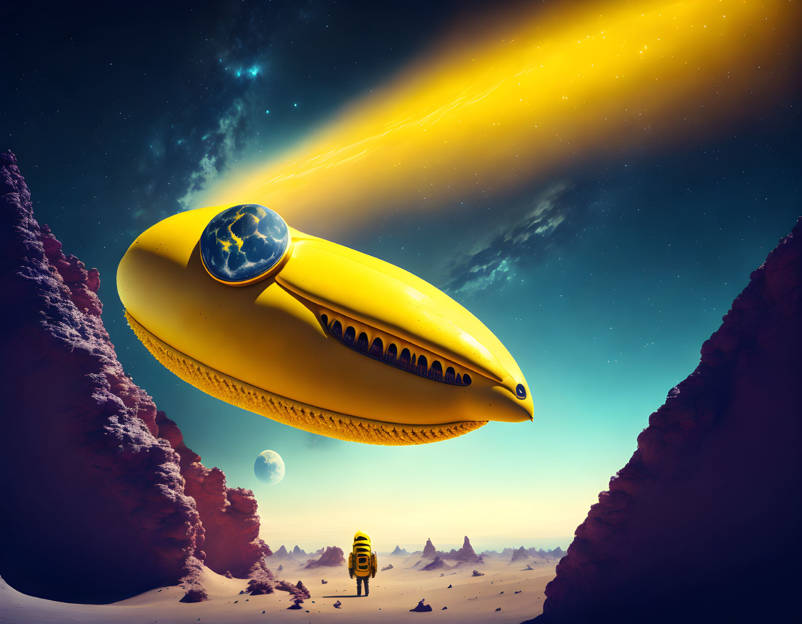 Yellow spacesuit figure on alien planet with banana-shaped spaceship and comet in starry sky