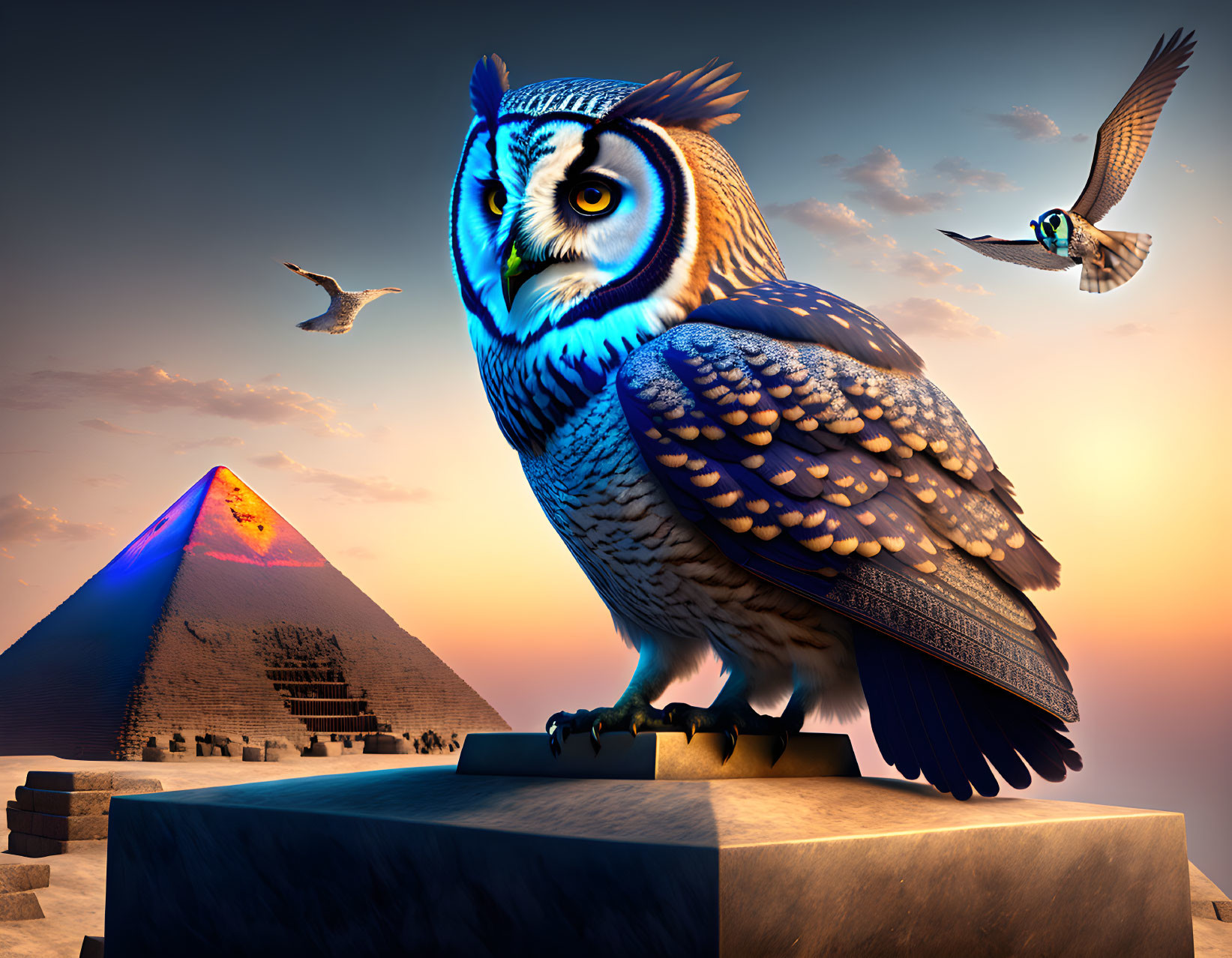 Stylized owl on pedestal with Great Pyramid and twilight sky.