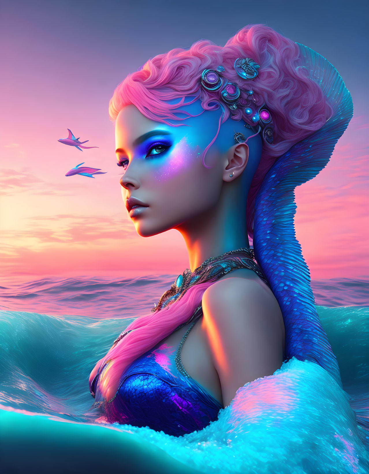 Mermaid with Pink Hair and Blue Skin in Ocean Twilight Scene