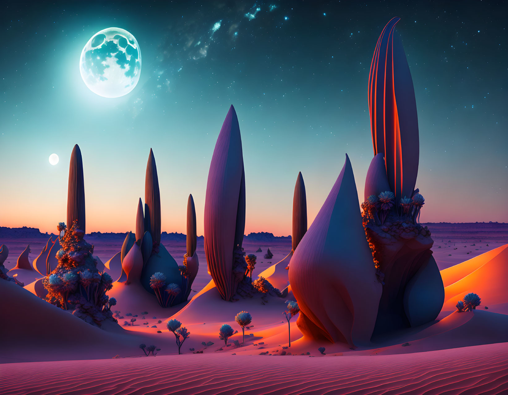 Surreal desert landscape with futuristic plant-like structures at twilight
