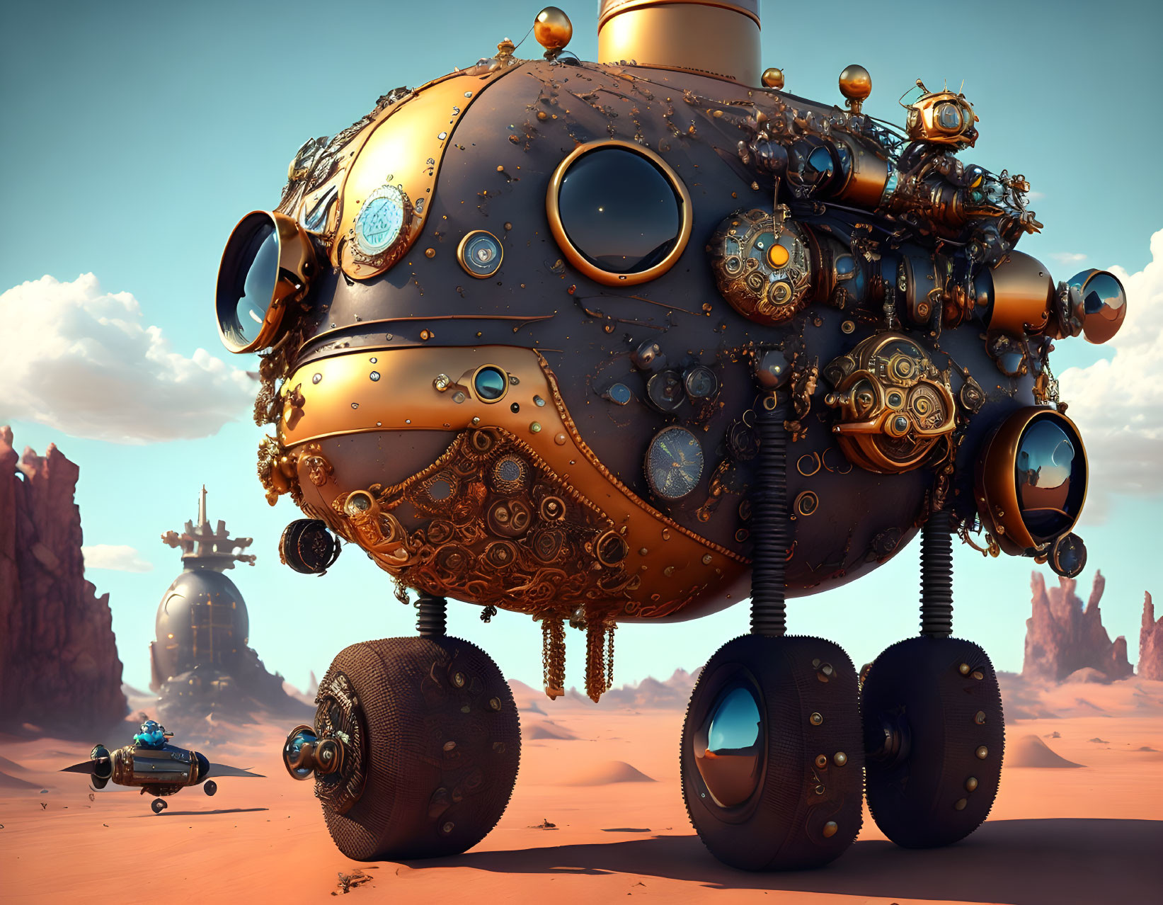 Steampunk-style vehicle with intricate metallic details in barren desert landscape