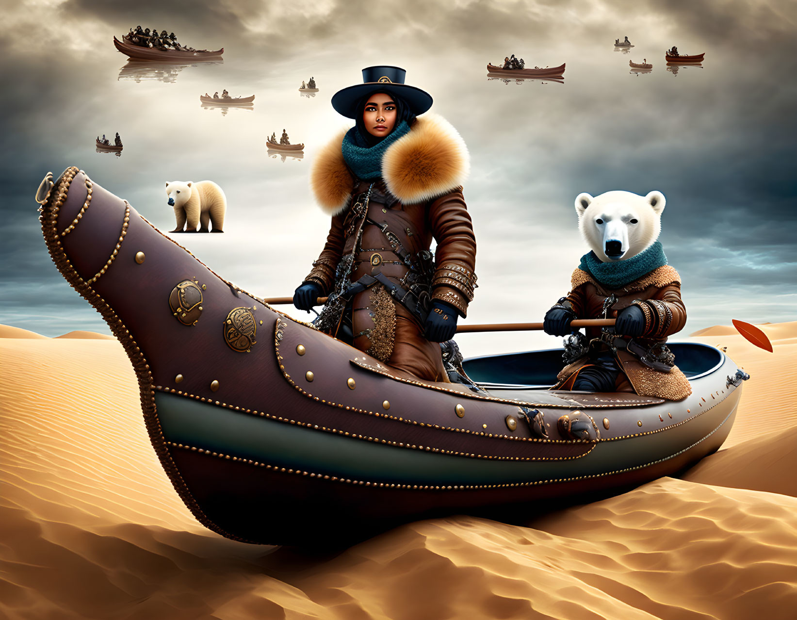 Person standing in leather boat with polar bears on sand and in sky