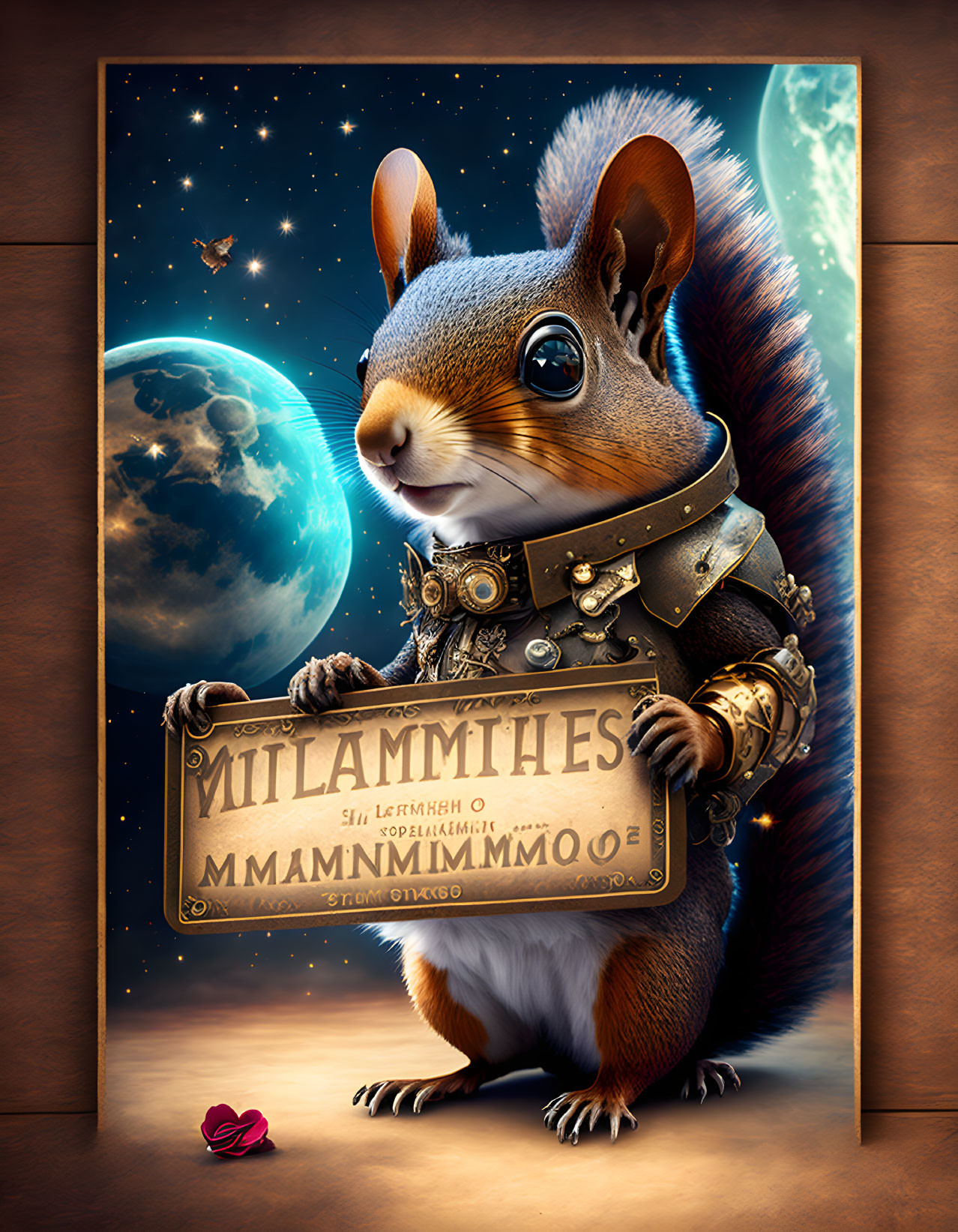 Whimsical steampunk squirrel with cosmic backdrop and wooden frame