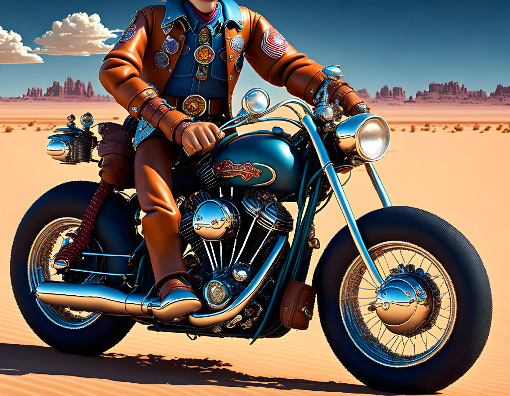 Stylized illustration: Biker in leather jacket on blue motorcycle in desert