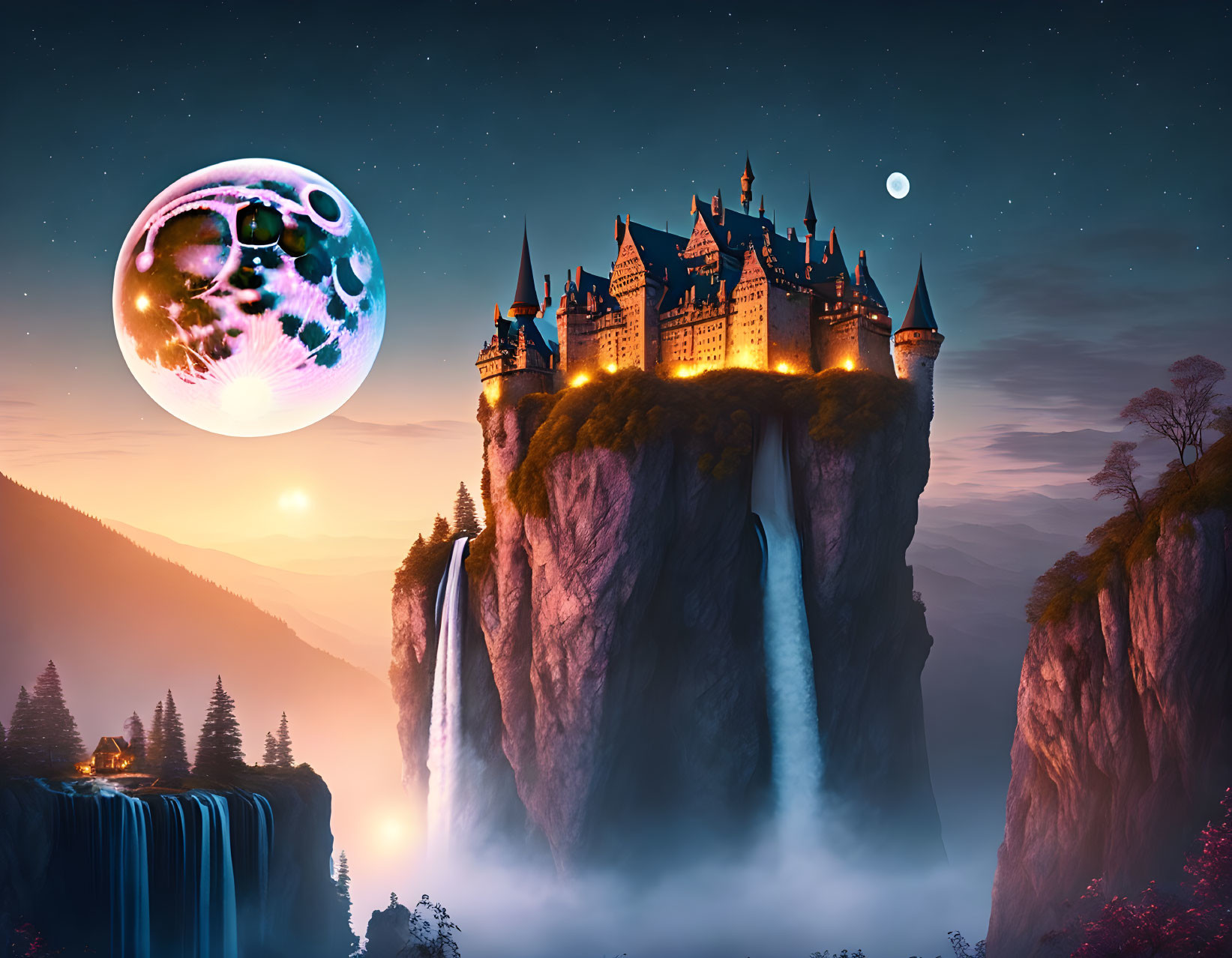 Fantastical castle on steep cliff with waterfalls under starry sky