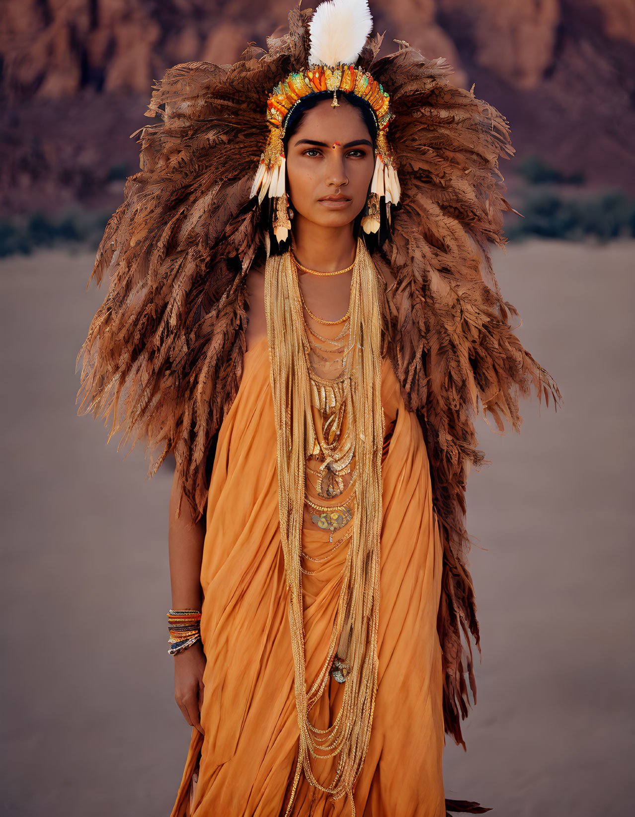Person in ornate feather headdress and orange garments with gold jewelry in desert landscape
