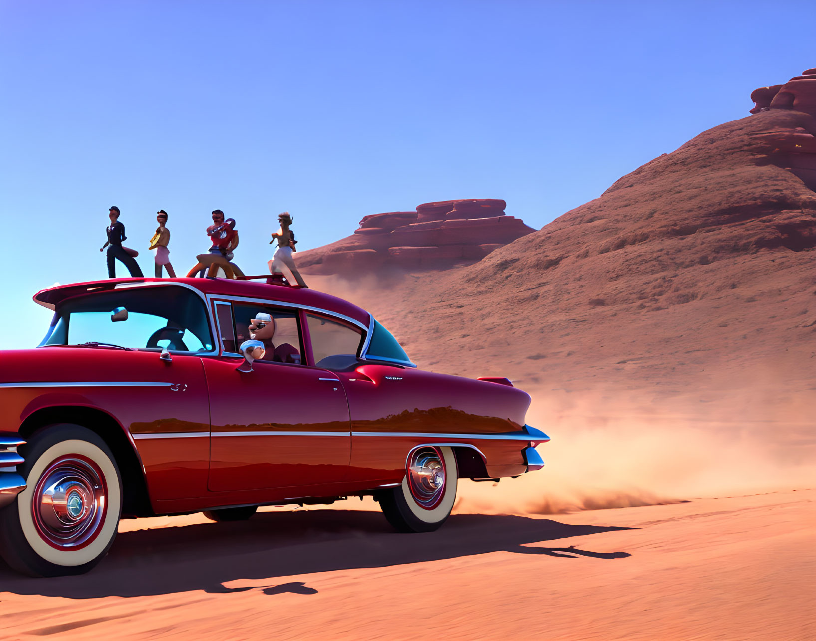 Vintage red car driving through desert with animated characters on top and inside